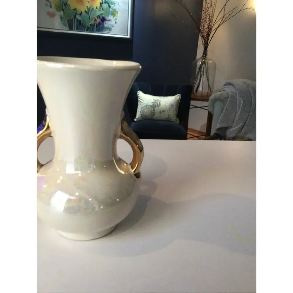 Pioneer Pottery USA 6 Inch Lusterware Vase Double Handle Warranted 22K Gold